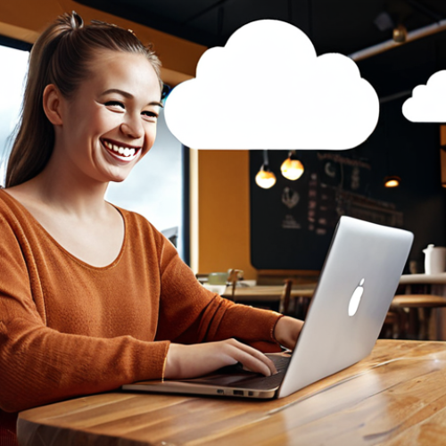 Home 11 ** A designer smiling and working on a laptop at a cafe, with cloud icons floating around, symbolizing easy access to project files. The scene should convey a sense of freedom and flexibility.
**