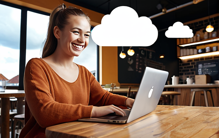 ** A designer smiling and working on a laptop at a cafe, with cloud icons floating around, symbolizing easy access to project files. The scene should convey a sense of freedom and flexibility.
**